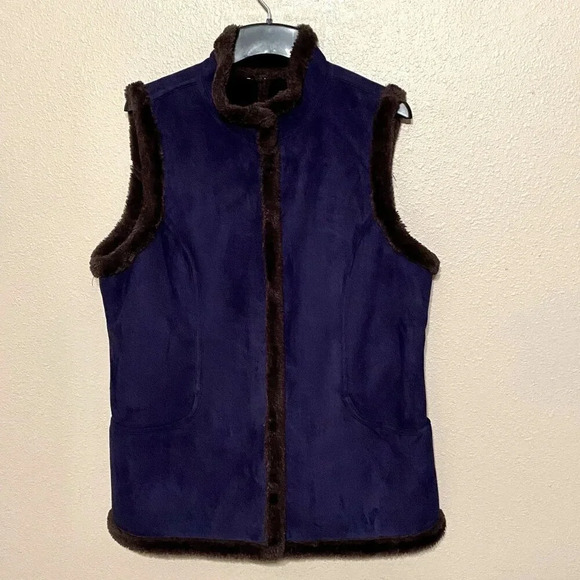 Denim&Co Vest Faux Suede navy blue brown Faux fur lining Snap Front Pockets (L) - Picture 1 of 5